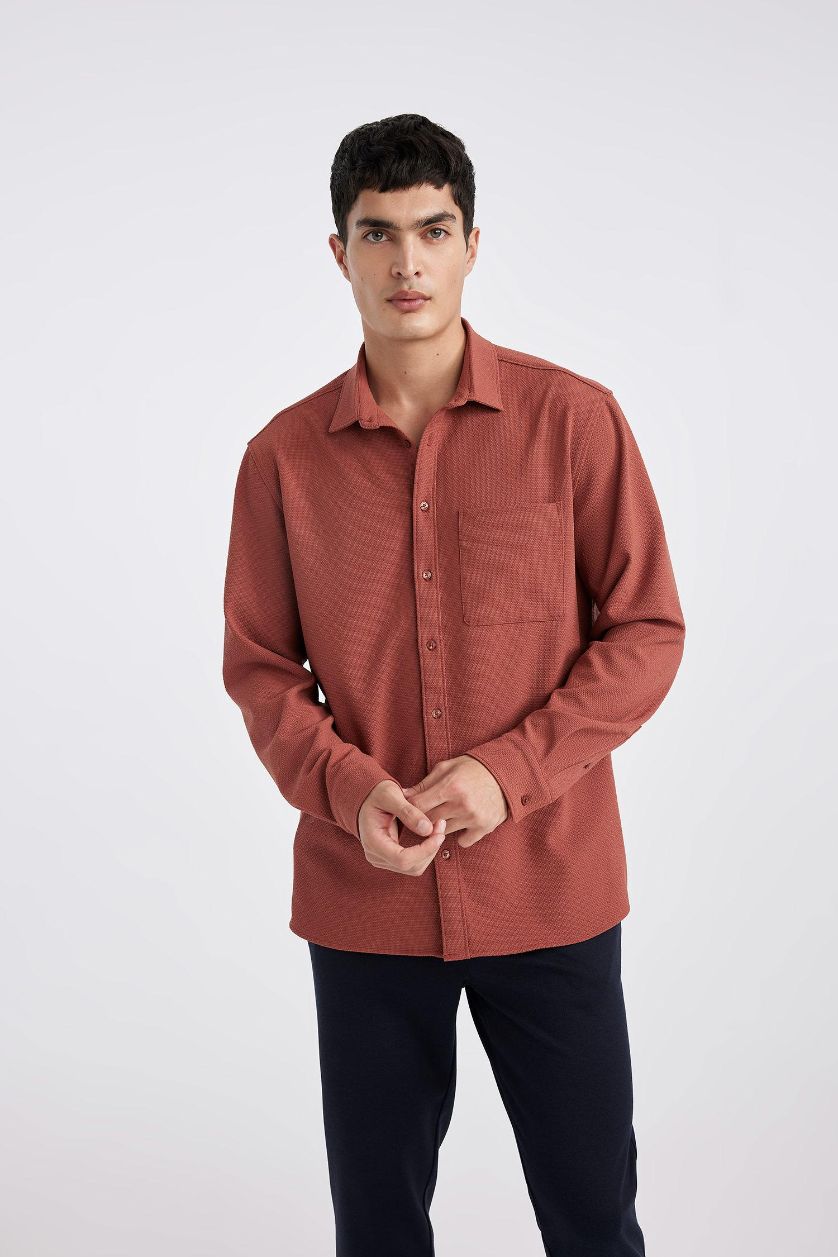 رجالي بني فاتح قميص بولو كم طويل قصة عادية