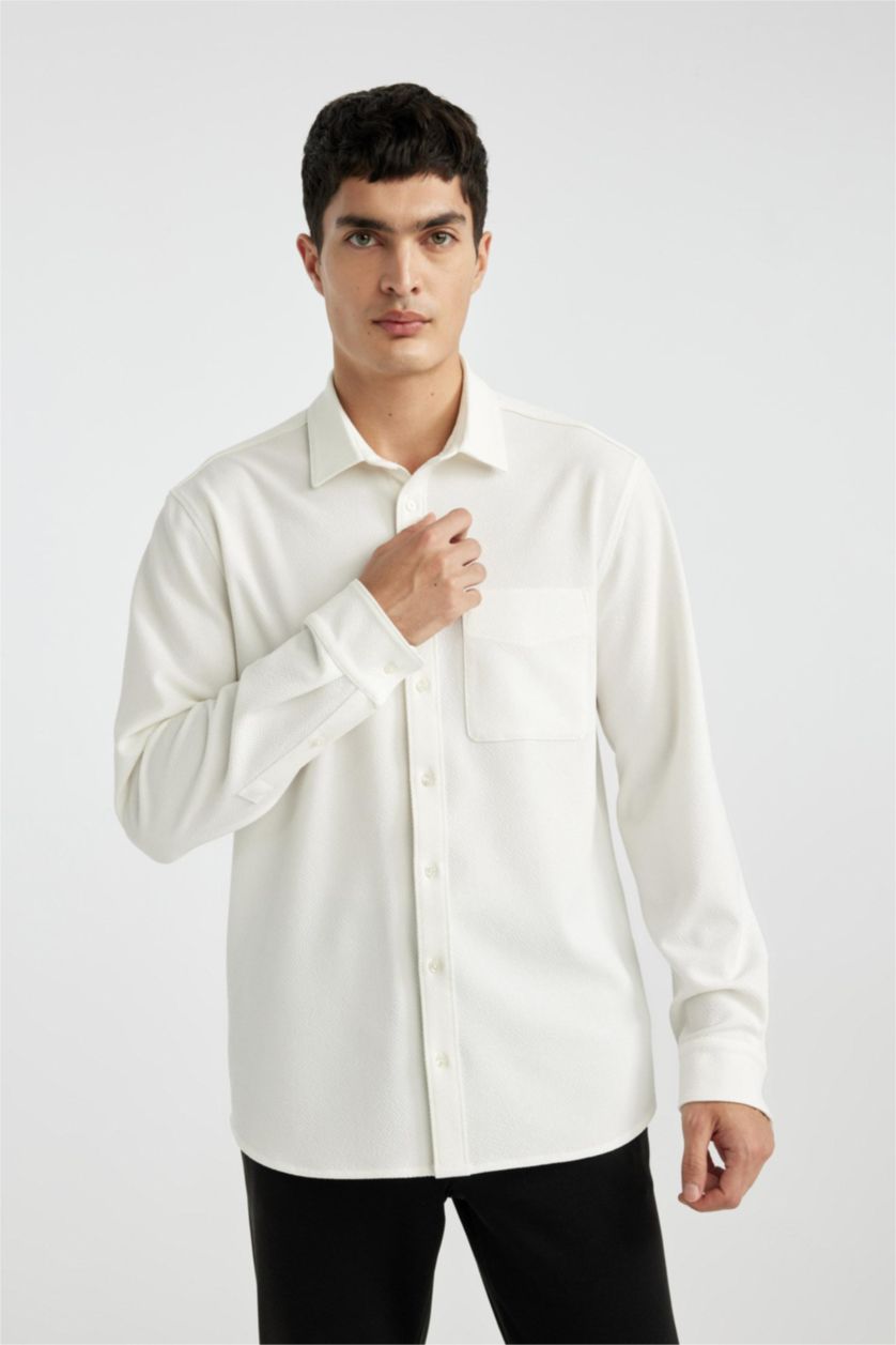 HOMME Blanc Chemise Coupe Régulière Col Polo à Manches Longues et à Motifs