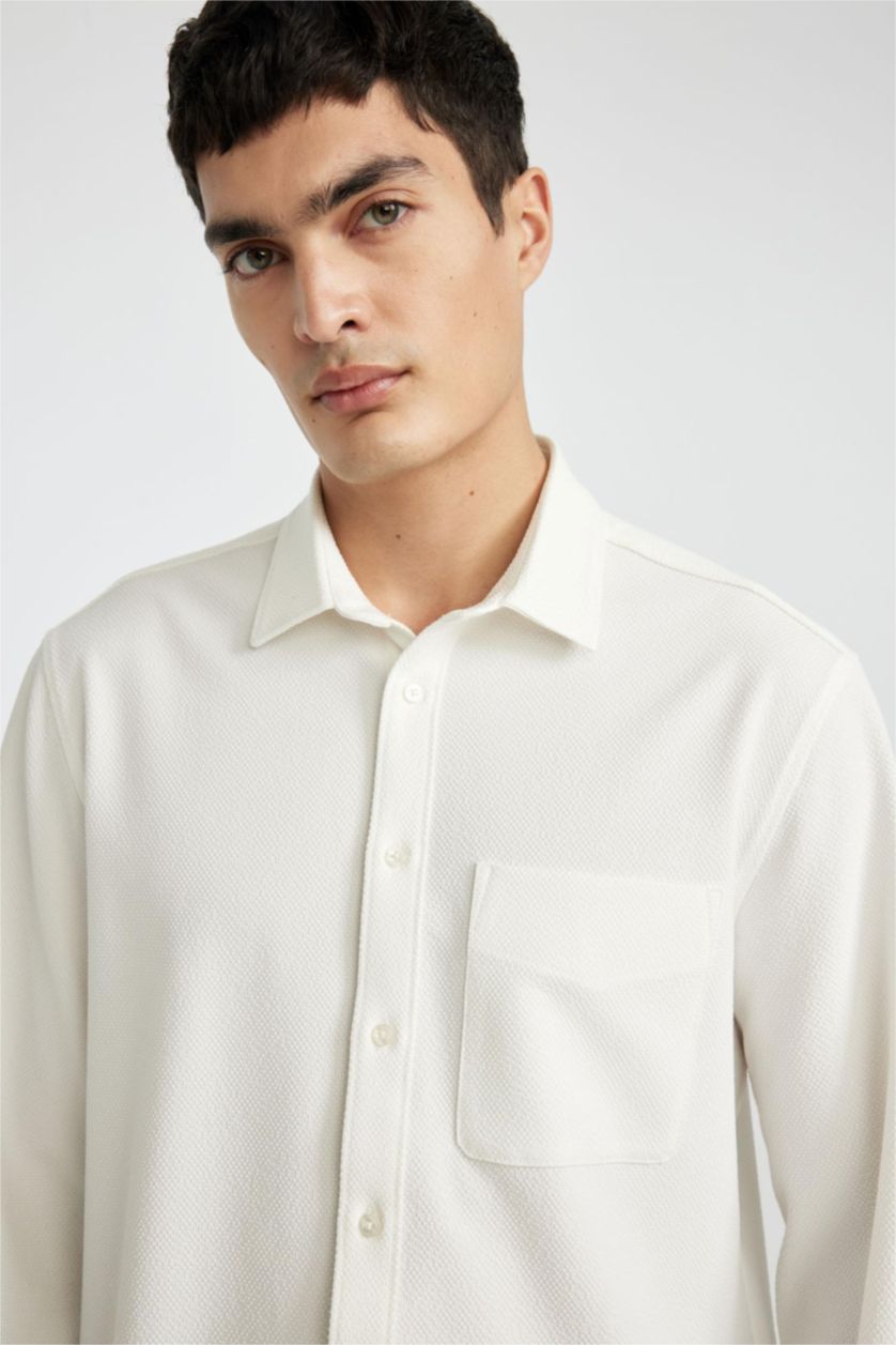 HOMME Blanc Chemise Coupe Régulière Col Polo à Manches Longues et à Motifs