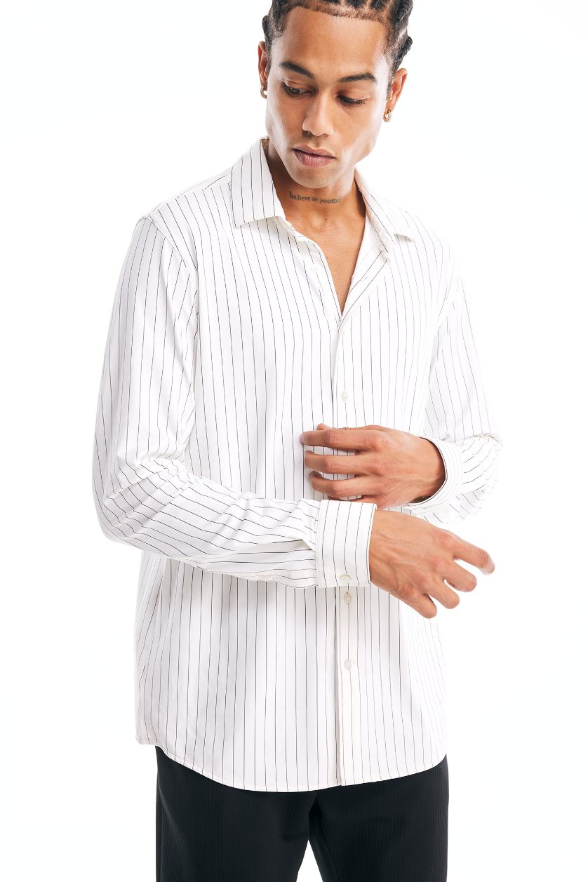 Erkek Beyaz Slim Fit Dar Kesim Polo Yaka Çizgili Uzun Kollu Gömlek