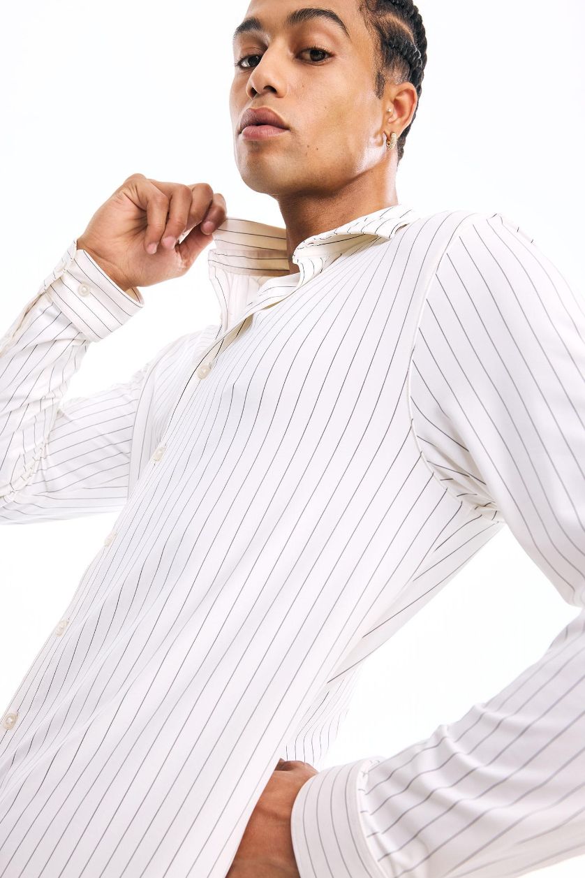 Erkek Beyaz Slim Fit Dar Kesim Polo Yaka Çizgili Uzun Kollu Gömlek