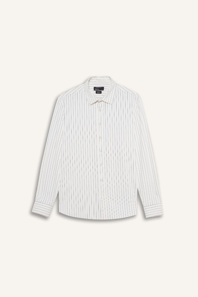 Erkek Beyaz Slim Fit Dar Kesim Polo Yaka Çizgili Uzun Kollu Gömlek