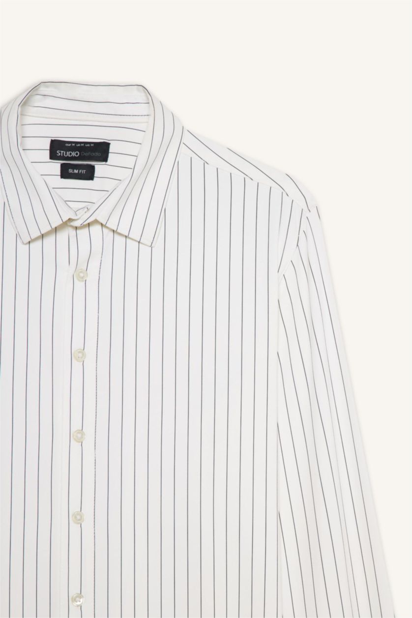 Erkek Beyaz Slim Fit Dar Kesim Polo Yaka Çizgili Uzun Kollu Gömlek