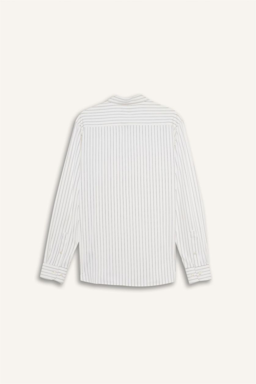 Erkek Beyaz Slim Fit Dar Kesim Polo Yaka Çizgili Uzun Kollu Gömlek