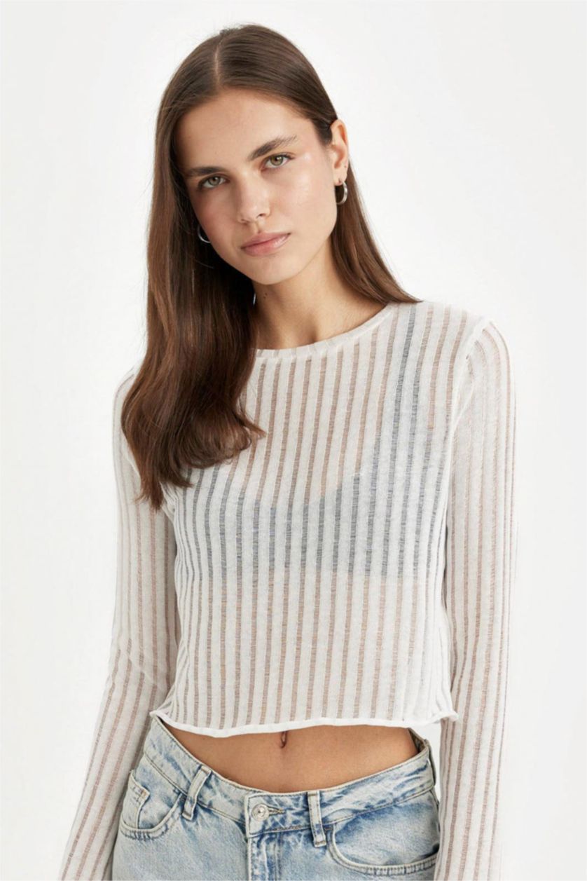 Kadın Ekru Regular Fit Bisiklet Yaka Kroşe Uzun Kollu Tişört