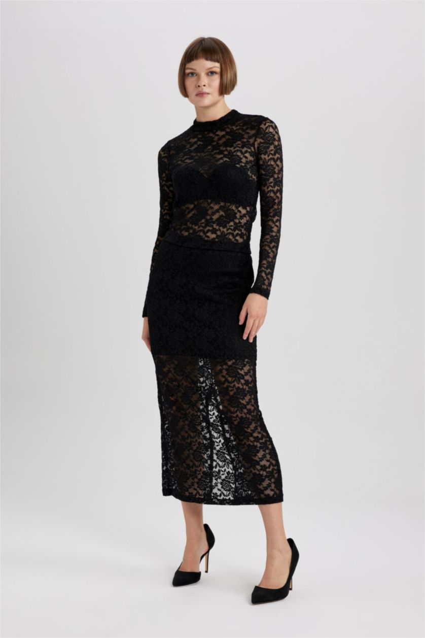 حريمي أسود تيشيرت دانتيل كم طويل قصة عاديةهاف كول مدورة