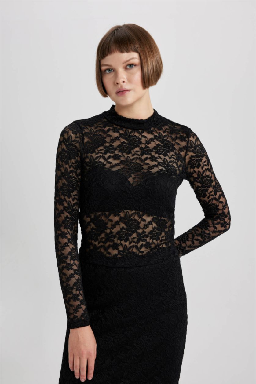 حريمي أسود تيشيرت دانتيل كم طويل قصة عاديةهاف كول مدورة