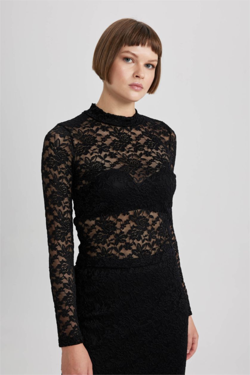 حريمي أسود تيشيرت دانتيل كم طويل قصة عاديةهاف كول مدورة