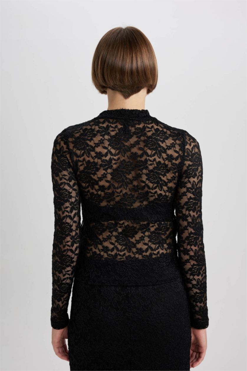 حريمي أسود تيشيرت دانتيل كم طويل قصة عاديةهاف كول مدورة