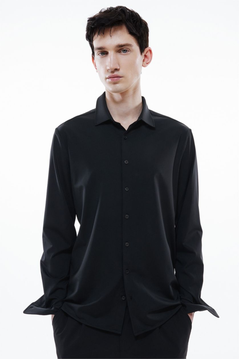 HOMME Noir Chemise Slim Jersey Col Polo à Manches Longues