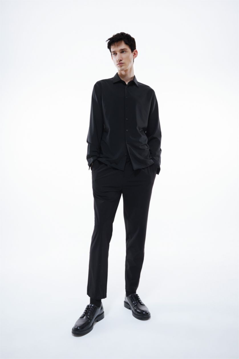 HOMME Noir Chemise Slim Jersey Col Polo à Manches Longues