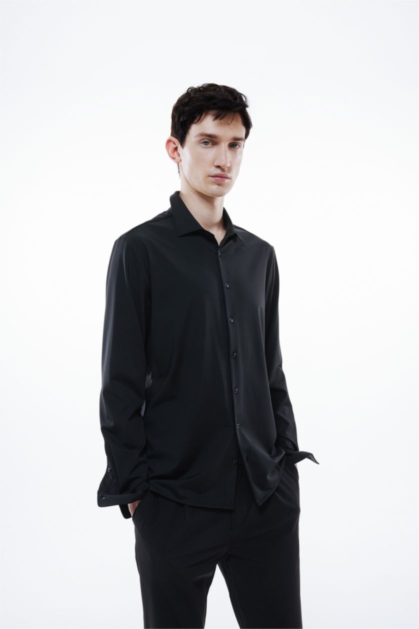 HOMME Noir Chemise Slim Jersey Col Polo à Manches Longues