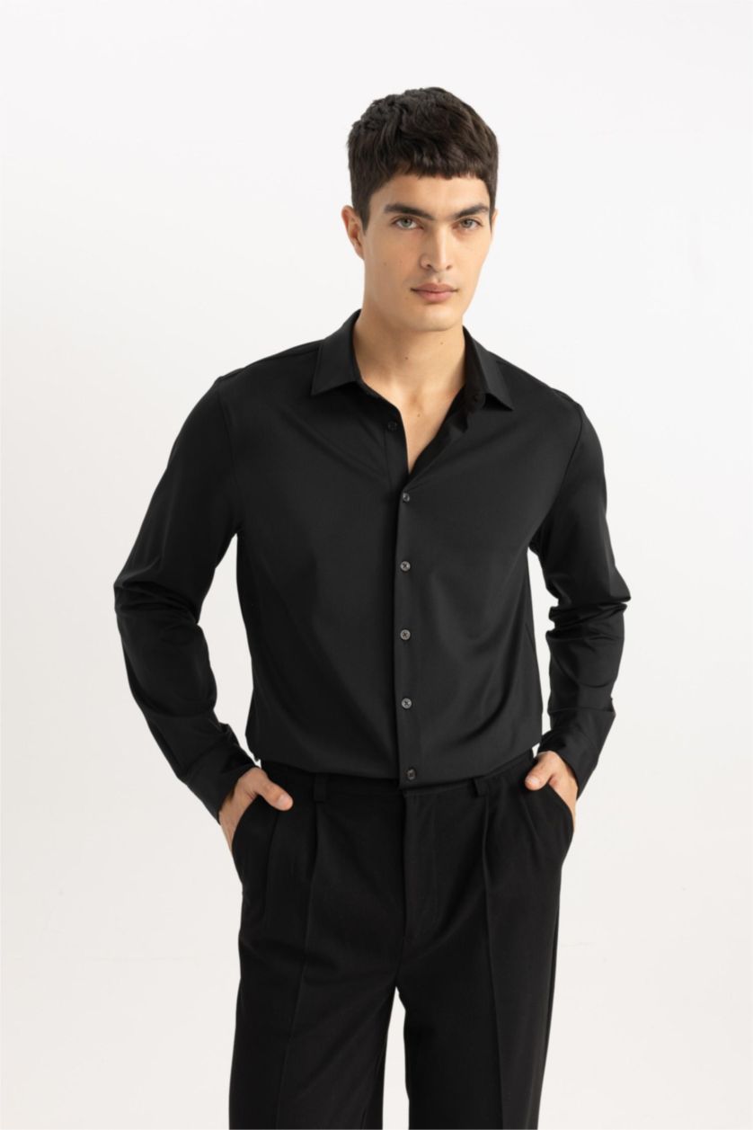 HOMME Noir Chemise Slim Jersey Col Polo à Manches Longues