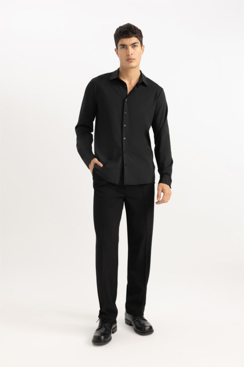 HOMME Noir Chemise Slim Jersey Col Polo à Manches Longues