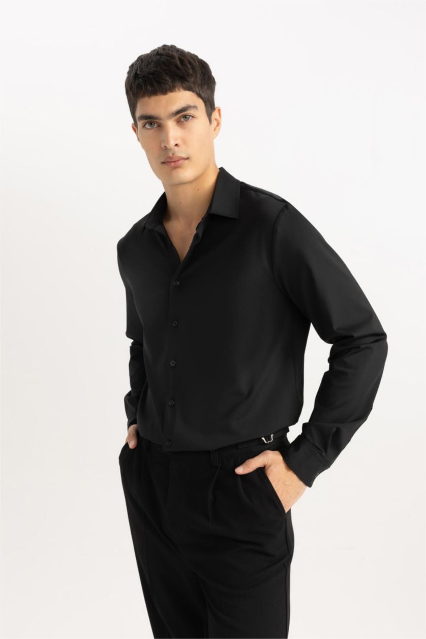 HOMME Noir Chemise Slim Jersey Col Polo à Manches Longues
