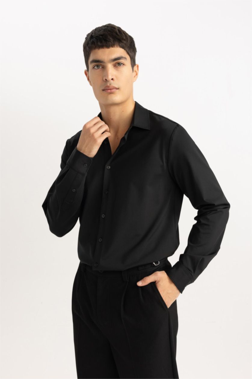 HOMME Noir Chemise Slim Jersey Col Polo à Manches Longues