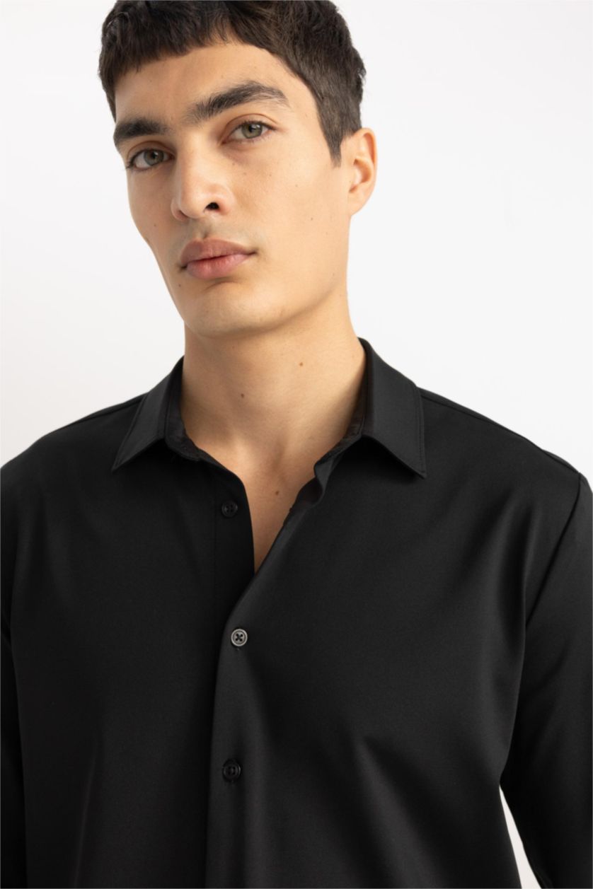 HOMME Noir Chemise Slim Jersey Col Polo à Manches Longues