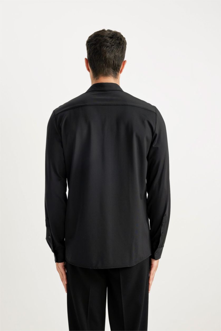 HOMME Noir Chemise Slim Jersey Col Polo à Manches Longues