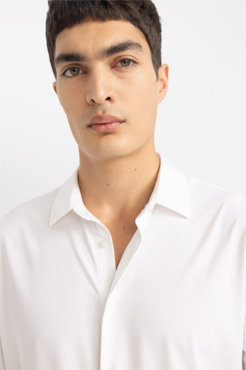 رجال أبيض قميص بولو جيرسي كم طويل سليم فيت