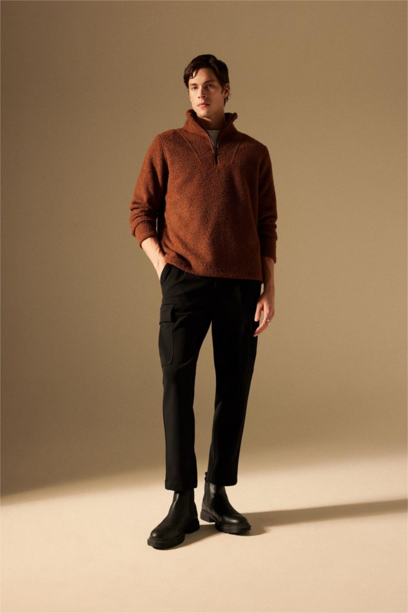 Erkek Kahve Regular Fit Dik Yaka Fermuarlı Pelüş Sweatshirt