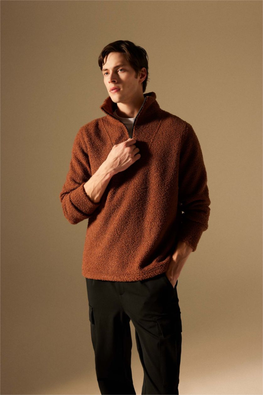 Erkek Kahve Regular Fit Dik Yaka Fermuarlı Pelüş Sweatshirt