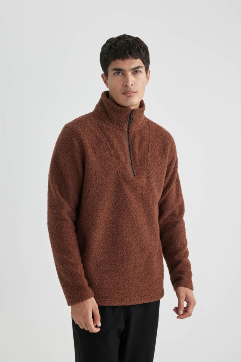 Erkek Kahve Regular Fit Dik Yaka Fermuarlı Pelüş Sweatshirt