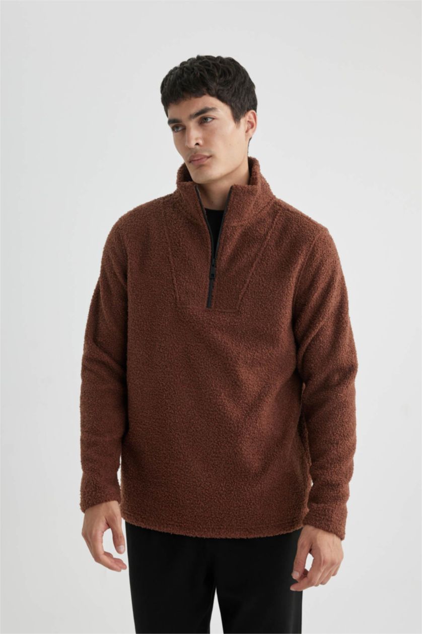 Erkek Kahve Regular Fit Dik Yaka Fermuarlı Pelüş Sweatshirt