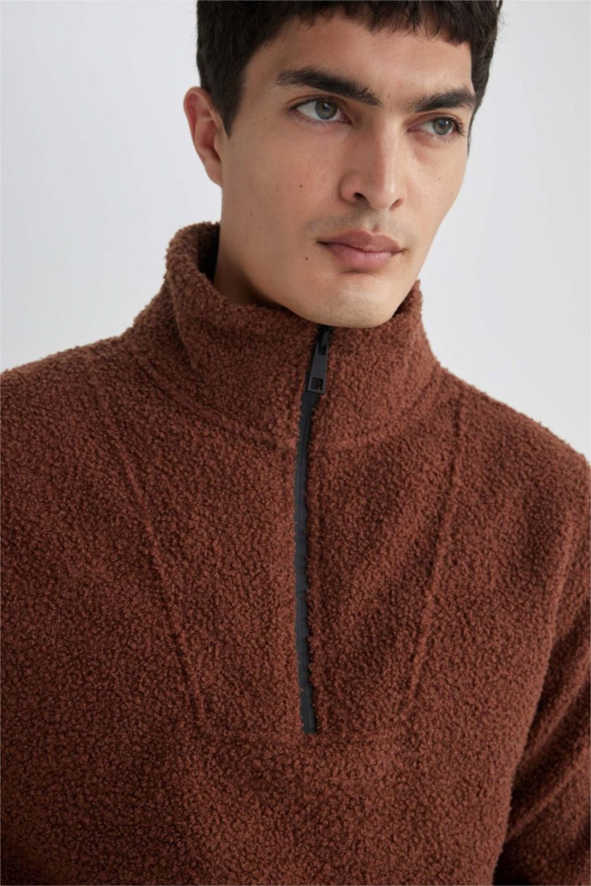 Erkek Kahve Regular Fit Dik Yaka Fermuarlı Pelüş Sweatshirt