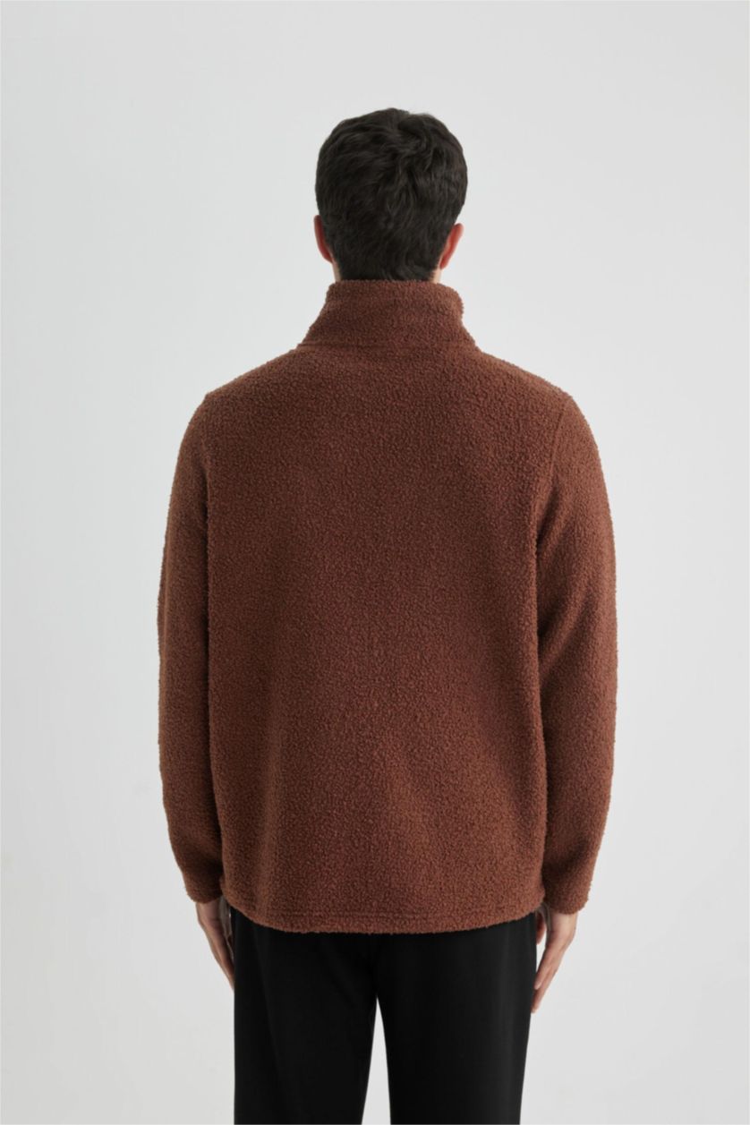 Erkek Kahve Regular Fit Dik Yaka Fermuarlı Pelüş Sweatshirt
