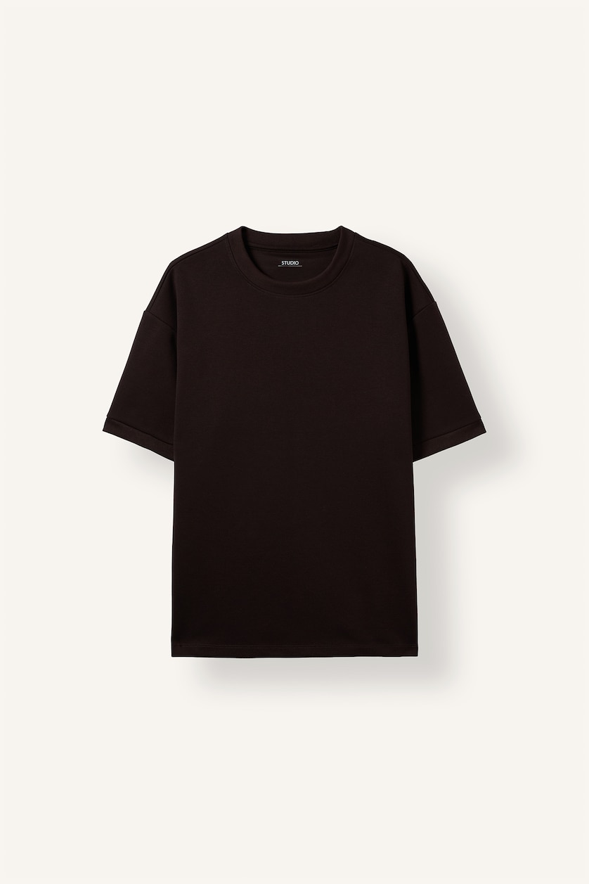 Erkek Kahve Kırışmaz Oversize Basic Kısa Kollu Tişört