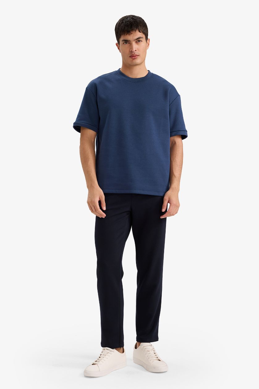 Erkek Lacivert Oversıze Bisiklet Yaka Kısa Kollu Tişört