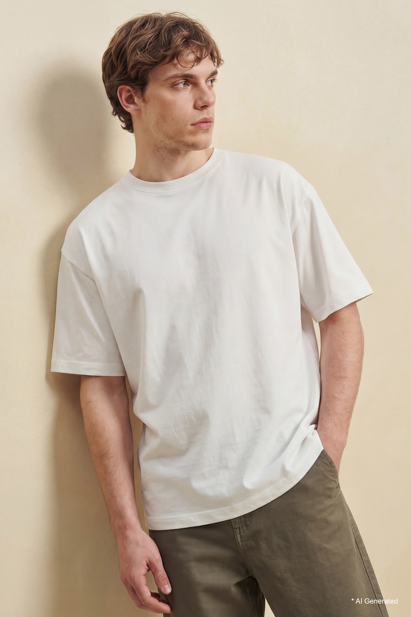 Erkek Beyaz Kırışmaz Oversize Basic Tişört