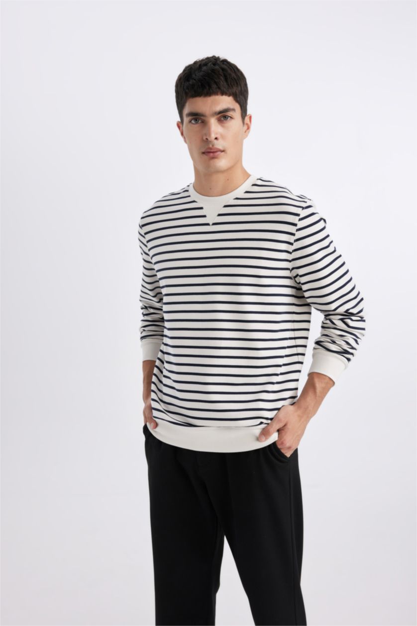 HOMME Blanc Sweatshirt Rayé Coupe Moderne Col Rond