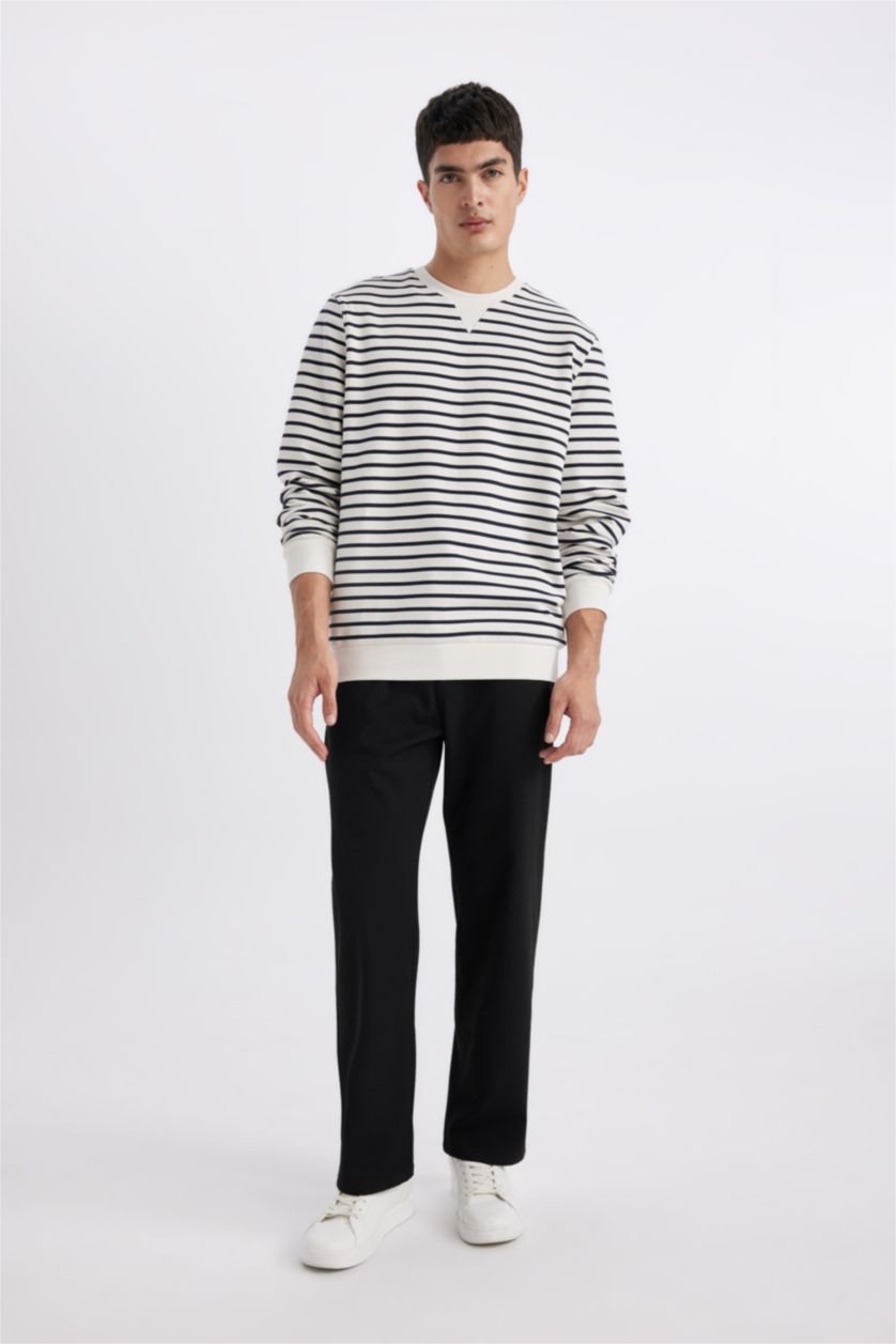 HOMME Blanc Sweatshirt Rayé Coupe Moderne Col Rond