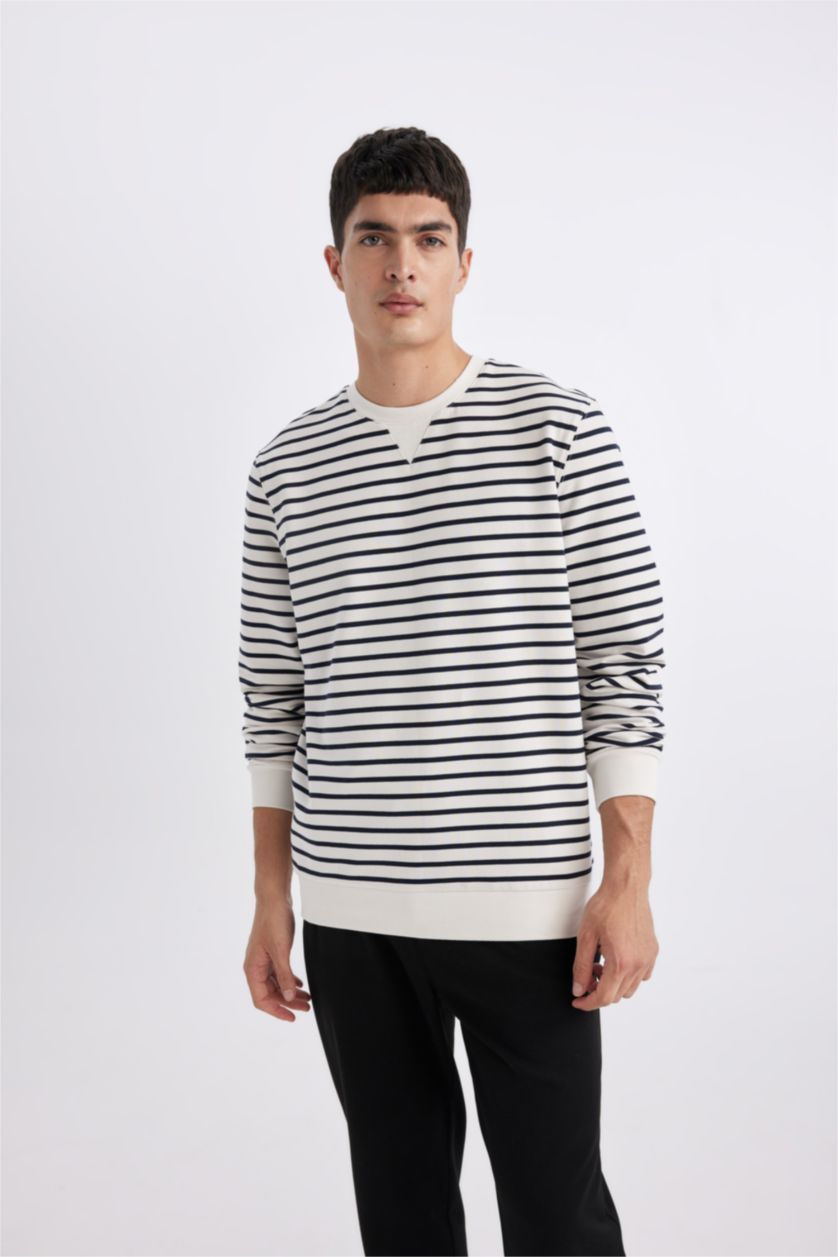 HOMME Blanc Sweatshirt Rayé Coupe Moderne Col Rond