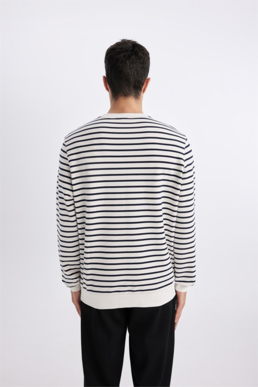 HOMME Blanc Sweatshirt Rayé Coupe Moderne Col Rond