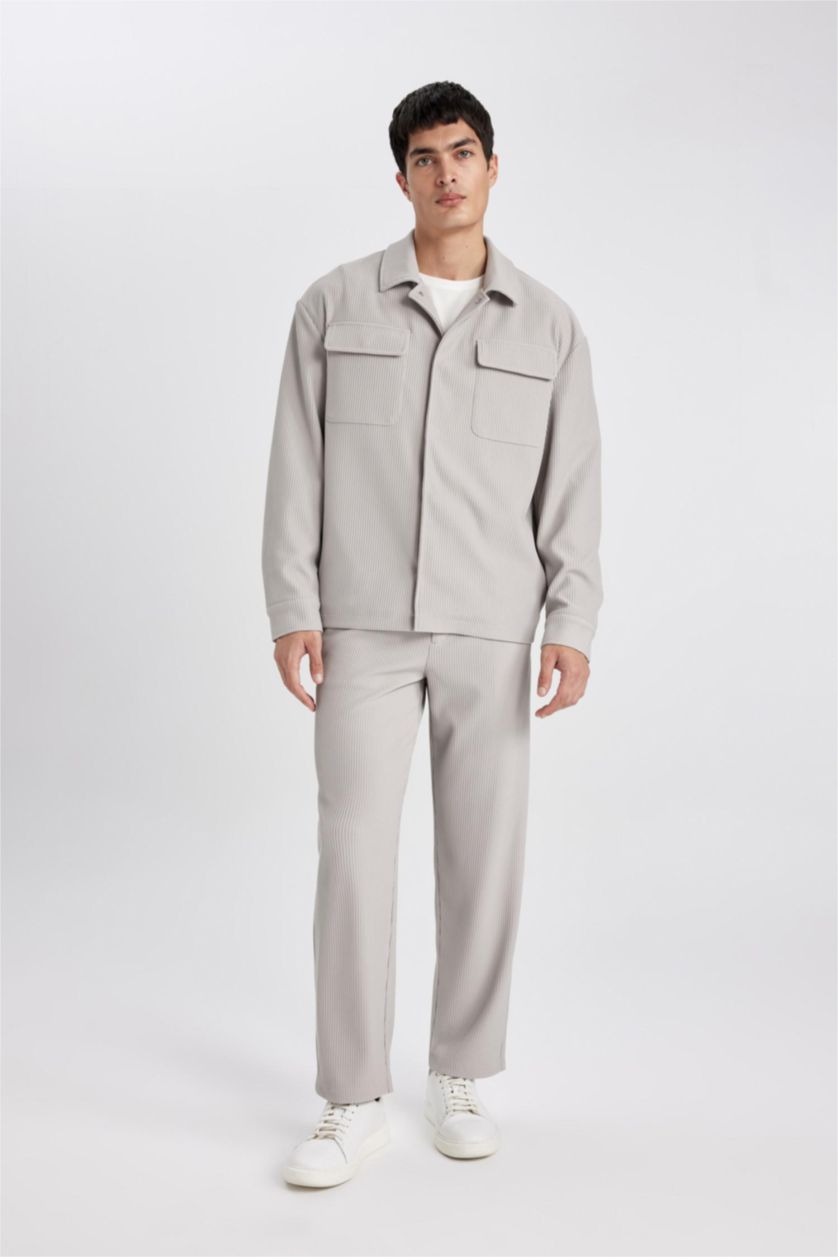 Erkek Açık Gri Relax Fit Gömlek Yaka Pilise Çıtçıtlı Cepli Gömlek Ceket