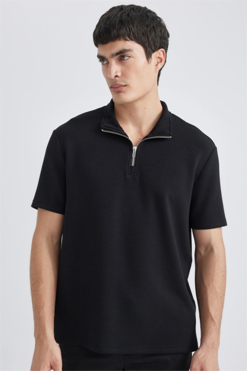 MAN NAVY Regular Fit Stand Collar Half Zipper Heavy Fabric T-Shirt