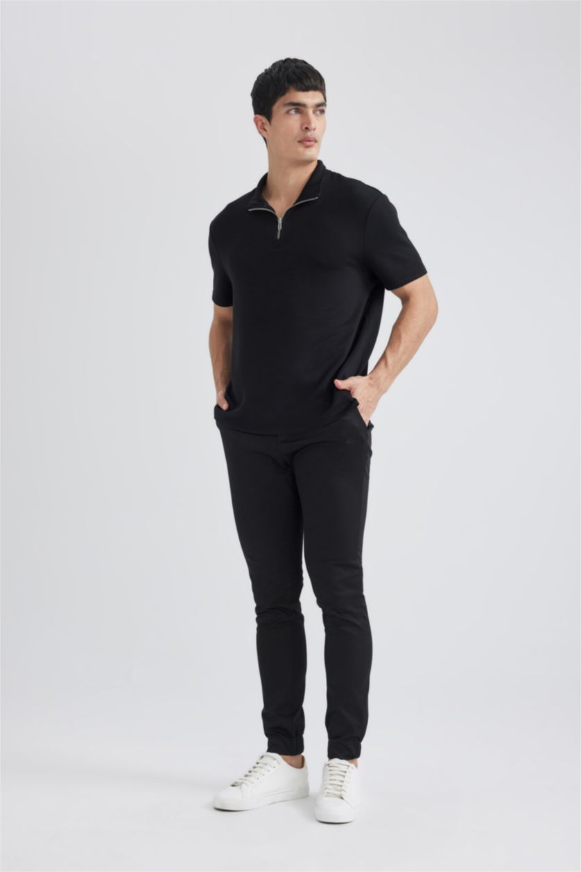 MAN NAVY Regular Fit Stand Collar Half Zipper Heavy Fabric T-Shirt