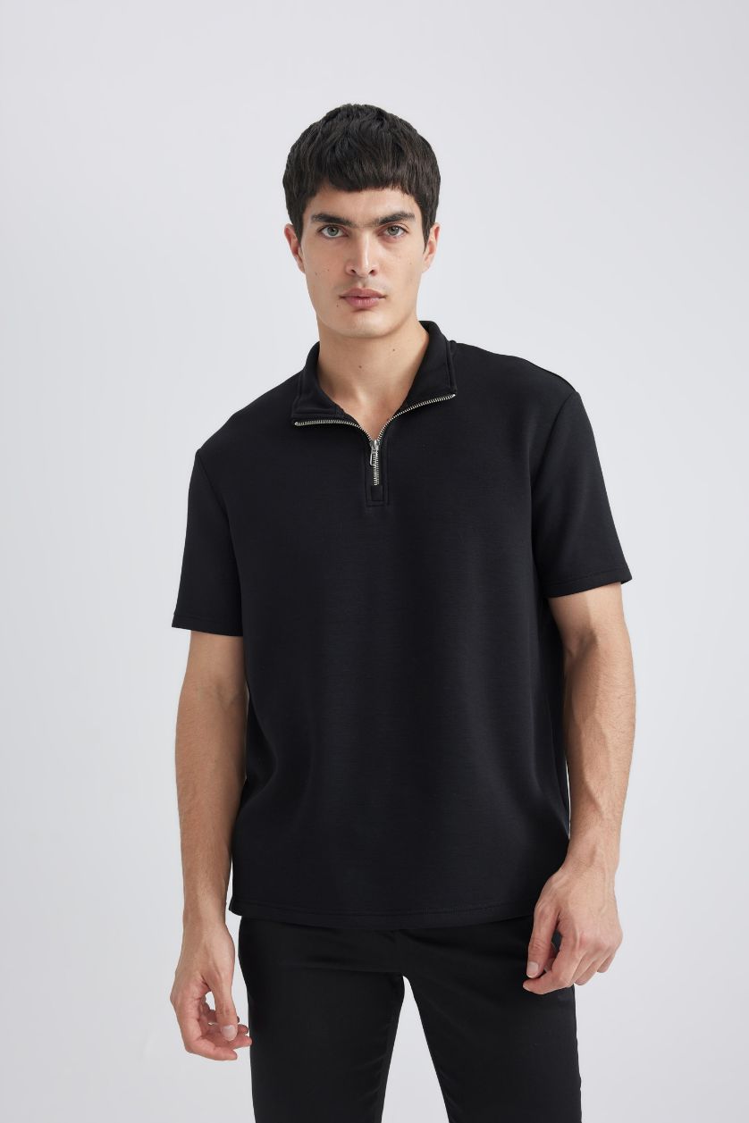 MAN NAVY Regular Fit Stand Collar Half Zipper Heavy Fabric T-Shirt