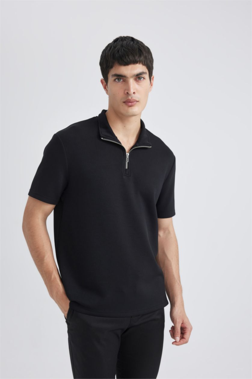 MAN NAVY Regular Fit Stand Collar Half Zipper Heavy Fabric T-Shirt