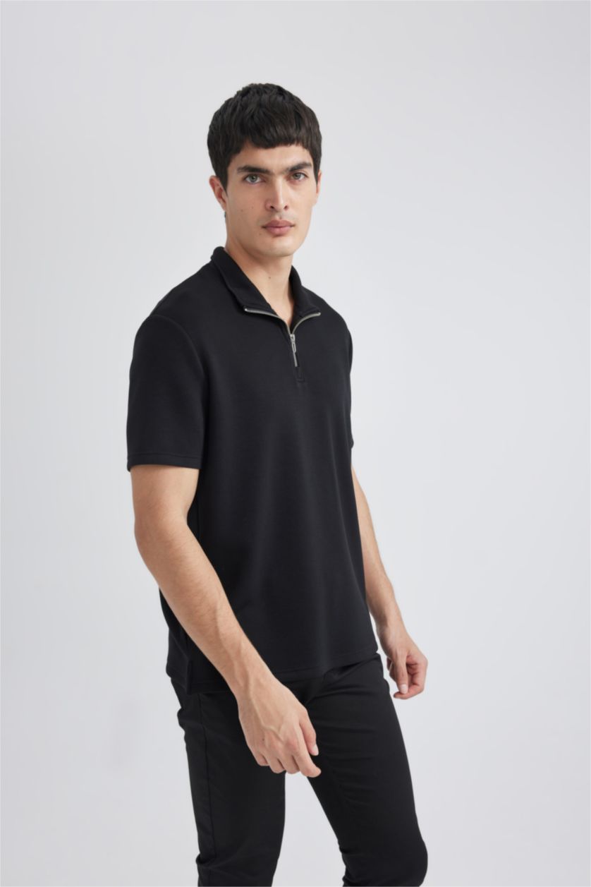 MAN NAVY Regular Fit Stand Collar Half Zipper Heavy Fabric T-Shirt