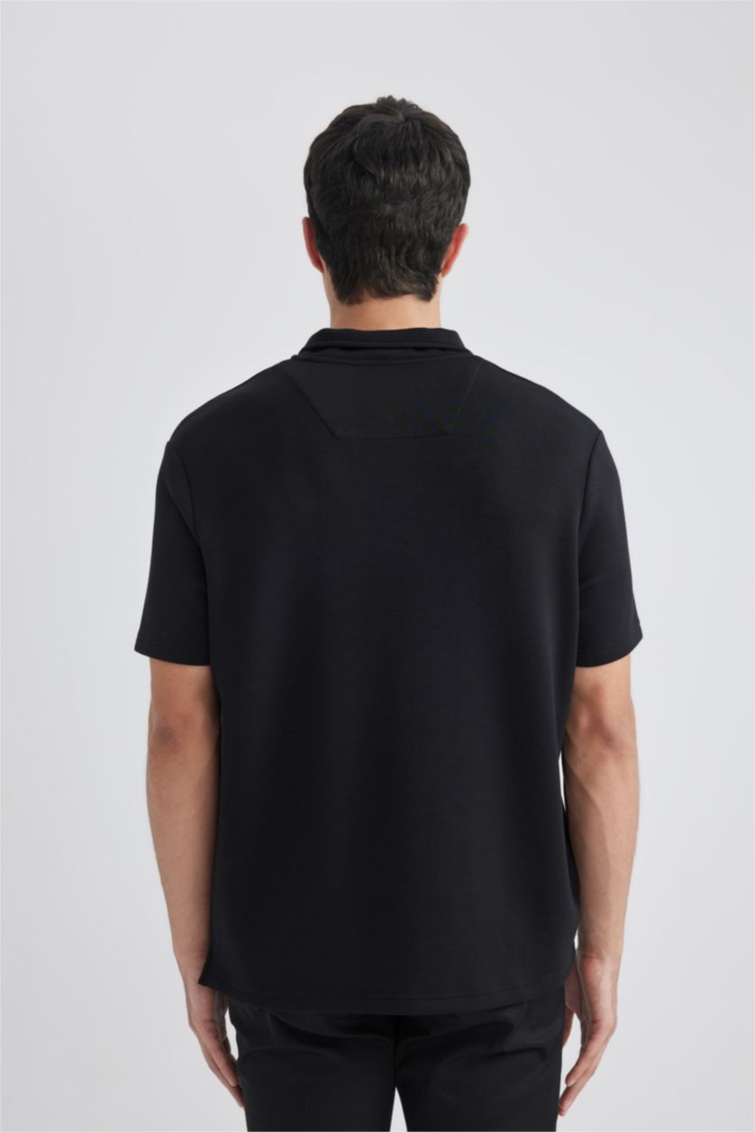 MAN NAVY Regular Fit Stand Collar Half Zipper Heavy Fabric T-Shirt