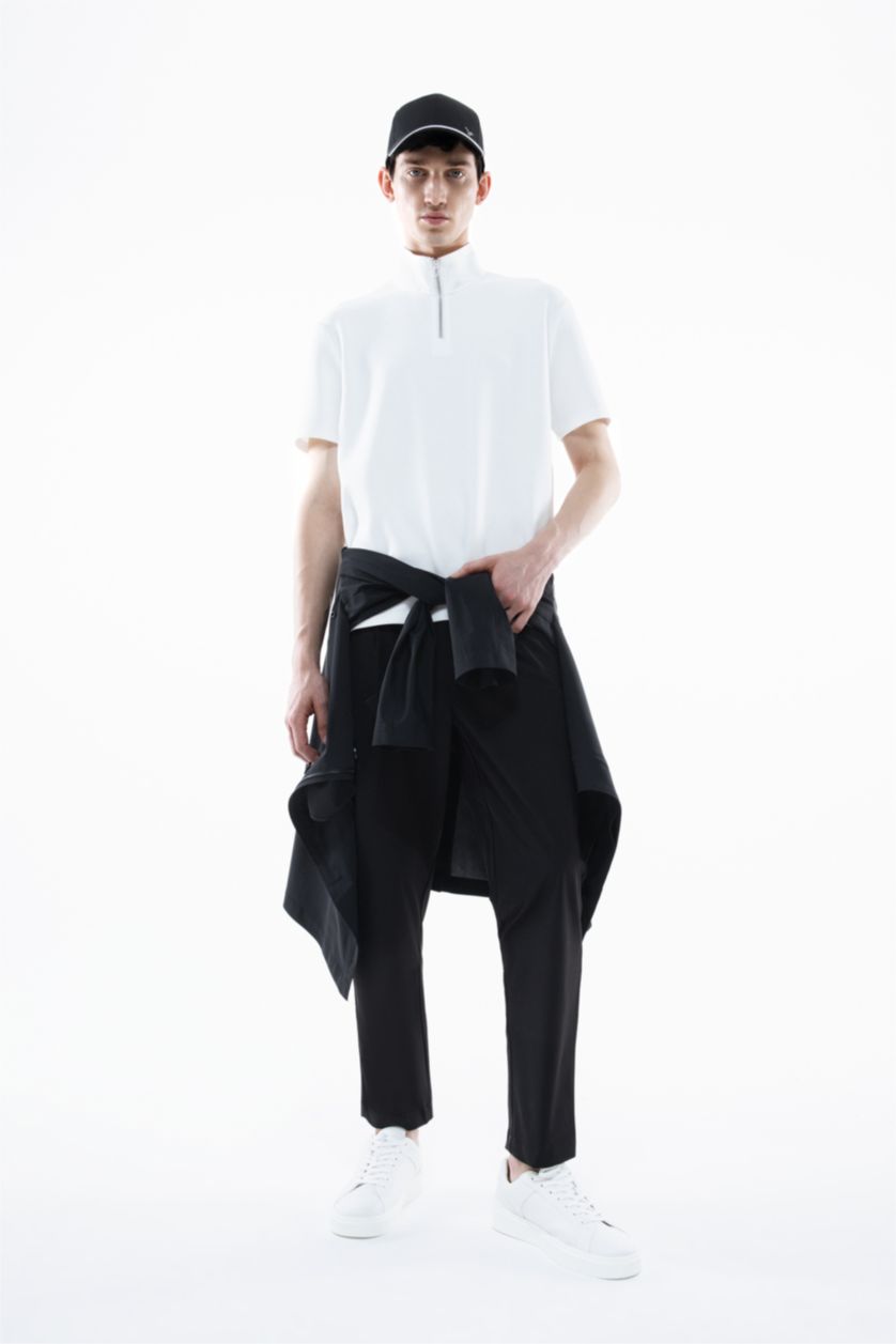 MAN White Regular Fit Stand Collar Half Zipper Heavy Fabric T-Shirt