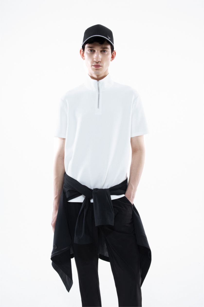 MAN White Regular Fit Stand Collar Half Zipper Heavy Fabric T-Shirt