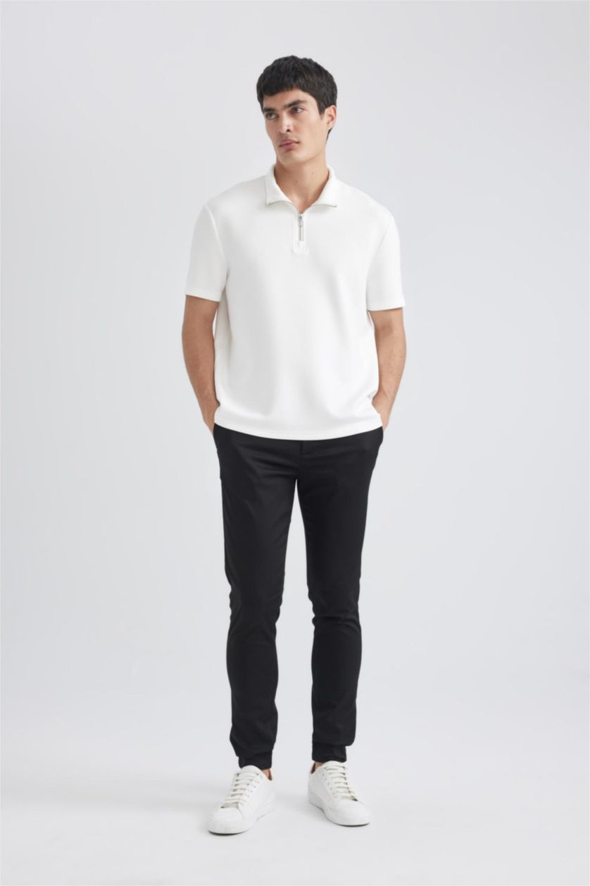 MAN White Regular Fit Stand Collar Half Zipper Heavy Fabric T-Shirt