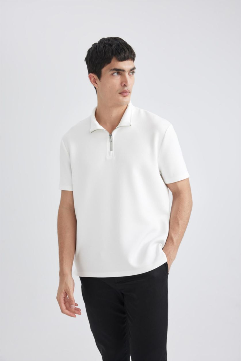 MAN White Regular Fit Stand Collar Half Zipper Heavy Fabric T-Shirt