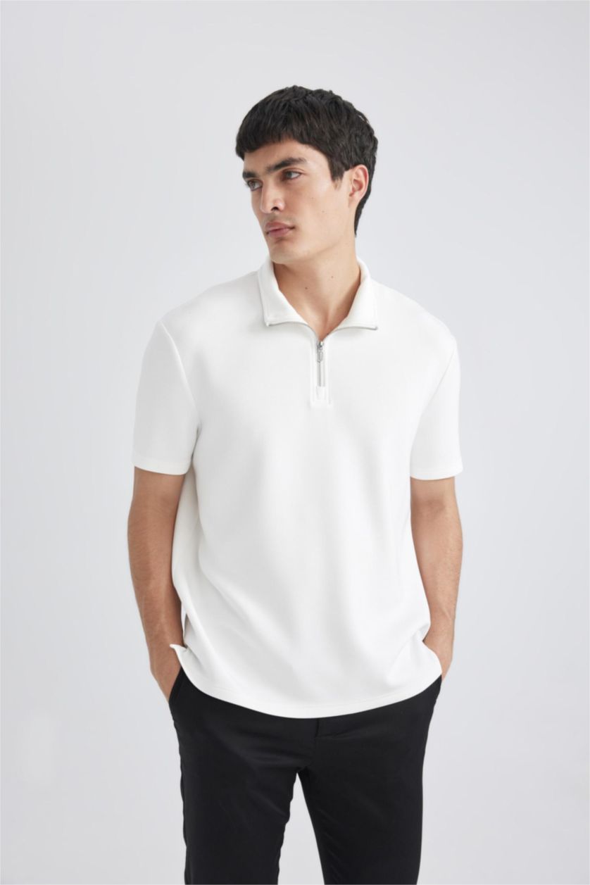 MAN White Regular Fit Stand Collar Half Zipper Heavy Fabric T-Shirt