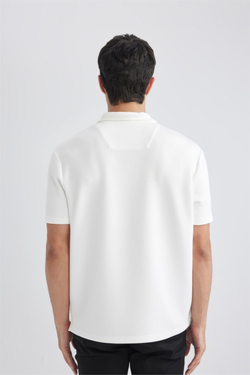 MAN White Regular Fit Stand Collar Half Zipper Heavy Fabric T-Shirt