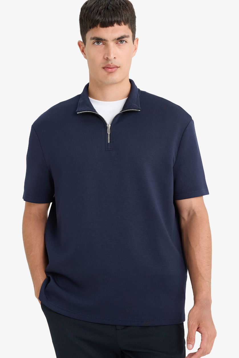 Erkek Lacivert Regular Fit Dik Yaka Yarım Fermuarlı Modal Karışımlı Ağır Kumaş Kısa Kollu Tişört